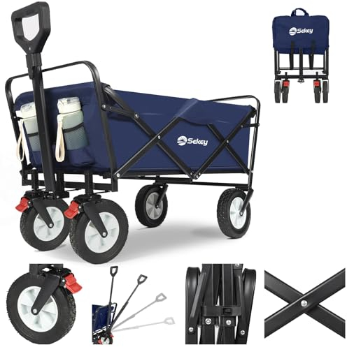 Sekey Bollerwagen Faltbar Gummireifen 200KG Schwerlast, Faltbarer Bollerwagen Geländetauglich, Klappbarer Handwagen Strand Camping Kinder Ultraleise Vollgummi 100L, StarkX 3114, Dunkelblau