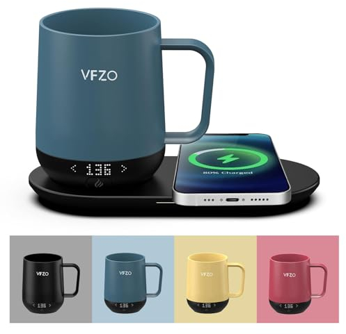 VFZO Temperature Control Smart Mug, Self Heating Coffee Mug LED Display, 180 Min Battery Life - Hot up to 149℉ Fast Wireless Charger Base Improved Design Coffee Serving Sets Mug(12oz, Slate Blue)