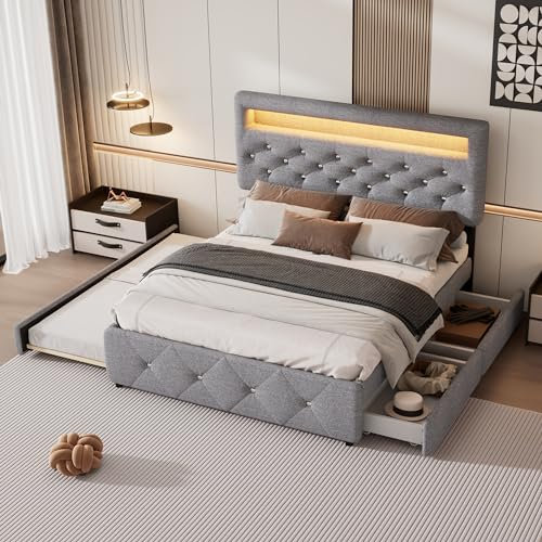 Jovify Polsterbett 140x200 cm, LED Doppelbett mit Ausziehbett und 2 Schubladen, Verstellbares Kopfteil, Stauraumbetten Funktionsbetten Jugendbett Rückenlehne Bettgestell, Linen, ohne Matratze, Grau