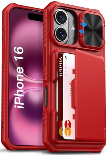 Vihibii for iPhone 16 Wallet Case with Card Holder (4 Cards) [RFID Blocking] & Slide Camera Cover & Raised Edges Protect Screen, Shockproof Rugged Phone Case for iPhone 16 6.1 2024, Red