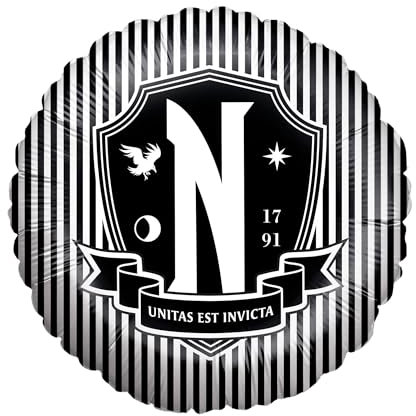 Party Factory Wednesday Folienballon rund, Ø45cm, schwarz weiß, Unitas Est Invicta, Party Deko, Helium Ballon Geburtstag Mottoparty