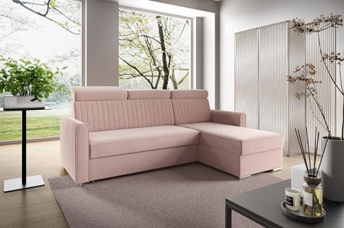 LIKMA Canapé d'angle Rose poudré Neli en L 213x165 cm – Canapé Convertible avec Coffre de Rangement (190x125 cm), Dossier Réglable, Grand Canapé Lit avec Espace de Stockage, Mobilier Rembourré