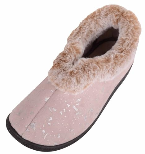 ABSOLUTE FOOTWEAR Womens Easy Slip On Velour Style Bootee Slipper with Faux Fur Collar - Mink - UK 7 / EU 40