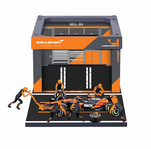 BBURAGO PIT STOP McLaren MCL38 (2024) #4 Norris, play set with diorama, 1:43 scale vehicle and 6 mechanics, detailed replica with official McLaren licence, recommended age 3+ years