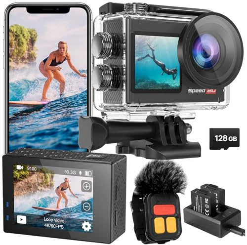 Hiicam 128G Action Cam 4K60FPS 40MP WiFi Unterwasserkamera 40M Wasserdicht Ultra HD Touchscreen Actioncam 170° Ultra-Weitwinkel, EIS Stabilisierung, 5X Zoom, 2.4G Fernbedienung und 2 Akkus 1350mAh