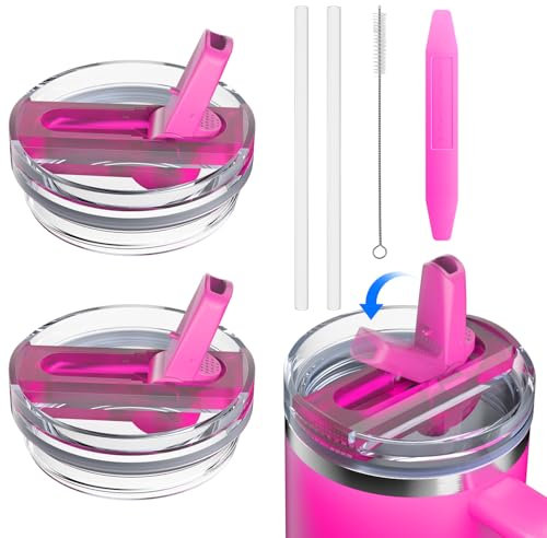 ALAFLY 2 Pack 40 oz Flip Straw Lid Replacement for Stanley Quencher Cup, Leak Proof Splash Resistant Tumbler Lids, Detachable & Easy Cleaning, Reusable Stanley Cup Accessories, Pink
