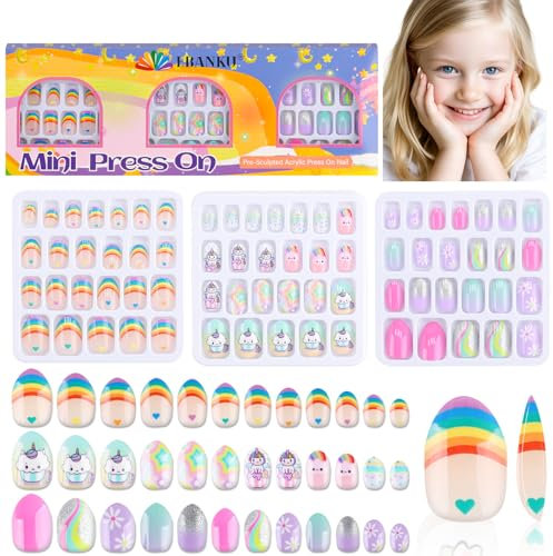 72 Pieces Press on Nails for Kids, EBANKU 3 Pack Kid Fake Nail Kit Rainbow Unicorn Star Press on Nails for Girls 7-12 Years with Jelly Nail Adhesives