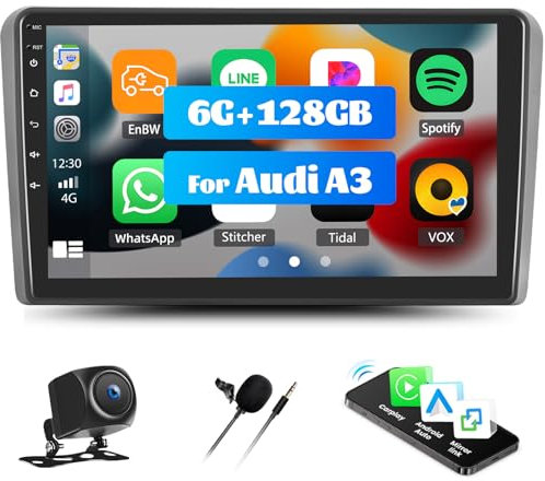 6G+128G GOHHDL Android 15 Autoradio für Audi A3 S3 RS3 8P 2003-2012 mit Wireless Carplay Android Auto, 9 Zoll 2Din Bildschirm Radio mit GPS Navi WiFi Bluetooth FM/RDS SWC + Rückfahrkamera + MIC