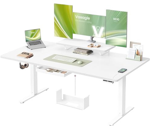 VASAGLE Electric Standing Desk, Height Adjustable Desk, 160 x 80 cm, Flexible Monitor Stand and Drawer, USB-C Port, Sedentary Reminder, for Home Office, Cloud White LSD156WB02