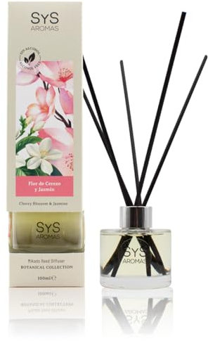 SYS Aromas Ambientador Mikado Flor de Cerezo y Jazmín - Botanical - Difusor con Varillas de Ratán - Sin Alcohol - Larga Duración - Ideal para Hogar, Oficina, Baño - 100 ml con 5 Varillas