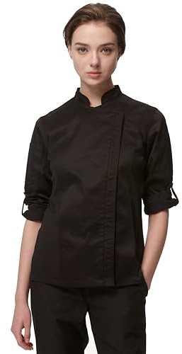 Guolamy Kochjacke Damen Langarm Kurzarm Professionelle Kochkleidung mit Reißverschluss 2947W（lange Ärmel - Schwarz，XL