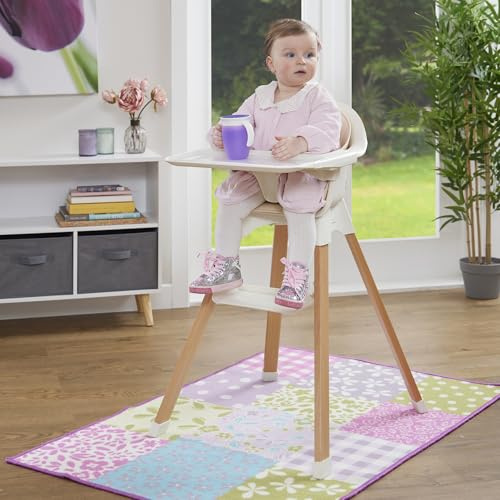 Kids High Chair, White and Beechwood | Solid Beechwood Legs, Adjustable Foot Rest, Removable Tray