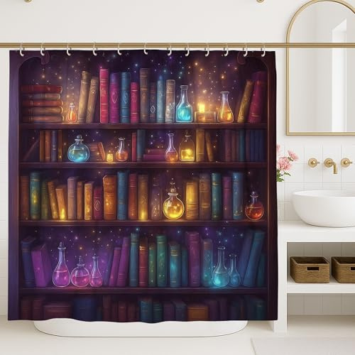 Bücherregal-Duschvorhang, bunt, Fantasie-Bibliothek, Badezimmer-Dekor, Herbst, Winter, künstlerisch, wasserdichter Stoff-Duschvorhang mit Haken, 183 x 213 cm
