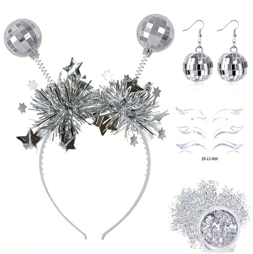 Discokugel Haarreif Silber, Disco Kugel Kopfschmuck mit Ohrringe, Discokugel Stirnband Kostüm Accessoires Discokugeln Schmuck für Damen Karneval 70er 80er Jahre Disco Mottoparty Fasching Kostüm