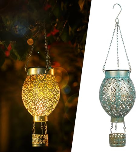 JOYCREATOR LED Solarlaterne für Außen, Heißluftballon Solarlampen für Außen Hängend Warmweiß, IP65 Wasserdicht Solar Laterne Retro Garten Deko für Balkon Weg Zaun Weihnachtsdeko Geschenke（Grüngold）
