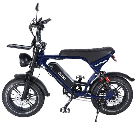 OUXI Ultra Mini E-Bike 16 Zoll Fatbike Elektrofahrrad, 250W Motor 60Nm, 36V 10.4Ah Akku, Hydraulische Scheibenbremsen, Vollfederung, Frontgepäckträger, Kompakt Pedelec für Herren Damen (Dunkelblau)