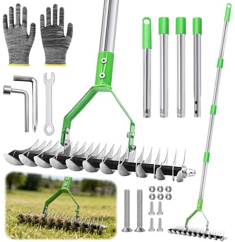 TZEKING 163cm Rastrello Sarchiatore con Manico Rimovibile,Cultivatore a Mano da Giardino a Manico Lungo Regolabile,Rastrello per Prato,Aeratore Doppio per Pulire l'Erba Morta