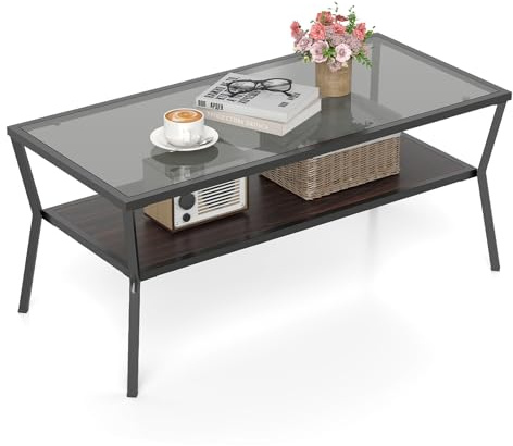 COSTWAY Couchtisch Glas, Glastisch mit Ablage, rechteckiger Wohnzimmertisch mit gehärteter Glasplatte & Metallrahmen, moderner Kaffeetisch, Sofatisch für Wohnzimmer & Büro, 106,5 x 50,5 x 46,5 cm