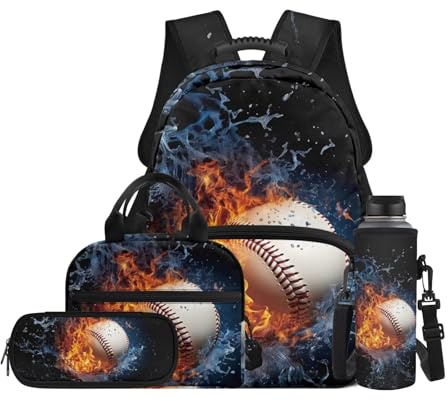 TOADDMOS 4-teiliges Schulrucksack-Set mit Lunchtasche, Stifttasche, Wasserflaschenträger mit Fächern, Geschenk für Mädchen, Jungen, Ice and Fire Baseball, Modern