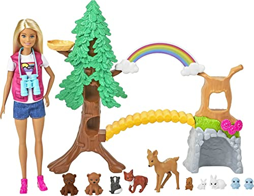Barbie GTN60 - Waldtier-Forscherin Spielset mit Blonder Puppe und 10 Tierfiguren, Spielzeug ab 3 Jahren