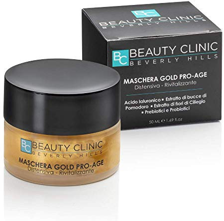 Beauty Clinic - Maschera Gold - Maschera Viso Rivitalizzante, Idratante, Antiossidante - Con Acido Ialuronico, Estratto di Bucce di Pomodoro, Estratto Fiori di Ciliegio - Pelli Mature e Secche - 50 ml