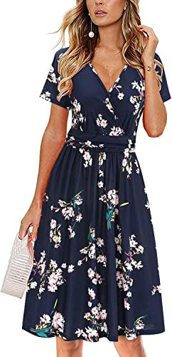Newshows Summer Dress for Women UK Casual Short Sleeve V Neck Faux Wrap Midi Sundress with Pockets(Floral 13,M)