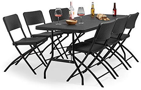 VonHaus Garden Dining Set – 6ft Rattan Effect Folding Table & Chairs – 6 Seater Dining Set - Durable Weatherproof Powder Coated Steel Frame – Outdoor Garden Furniture for Patio Decking Balcony - Grey