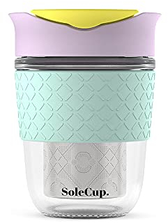 SoleCup. Travel Mug Loose Tea Infuser - Detachable Tea Strainer with Spillproof Lid - BPA-Free Reusable Glass Travel Coffee Cup with Silicone Band (Ice-Cream)