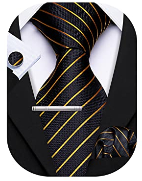 Barry.Wang Herren Seiden-Geschäftskrawatten mit Taschentuch Manschettenknopf-Streifen Plaid-Krawatten-Set Feierliche Hochzeit