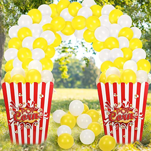 2 Stück Riesige Popcorn Box Karton Stand up mit 100 Luftballons Film Popcorn 3D Popcorn Box Karton Stand Up und Gelb Weiß Popcorn Thema Ballons Karneval Dekorationen für Film Themenparty