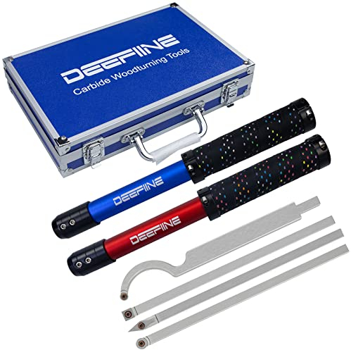DEEFIINE Carbide Tipped Wood Lathe Turning Tools Set, Lathe Rougher Finisher Swan Neck Hollowing Tools and Interchangeable 19.5Soft Grip Handle with Diamond Round Square Carbide Inserts(Red、Blue)