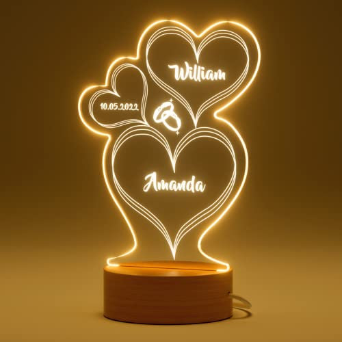 Bemaystar Cadeau Couple Veilleuse en Forme de Coeur - Lampe Personnalisée avec Prénom et Date, Cadeau d'anniversaire de Mariage, Cadeau Saint Valentin pour femme et homme