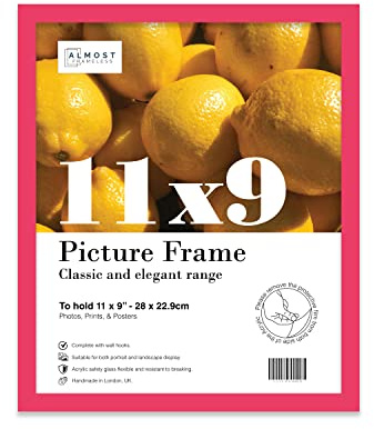 Almost Frameless 11x9 Bright Pink Picture Frame 11x9(27.9x22.9cm) Poster, Photo, Artwork, or Print. Thin Edge Slim Frame Portrait and Landscape Display with Wall Hooks