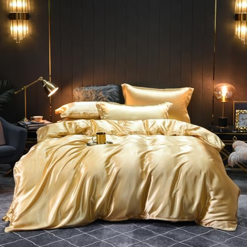 Nyescasa Satin Bettwäsche 220x240 3 Teilig Champagner Einfarbig Unifarben Bettwäsche-Set Luxus Seide Glanzsatin Bettbezüge Glatt Glänzend Bettbezug mit Reißverschluss und Kissenbezug 80x80cm
