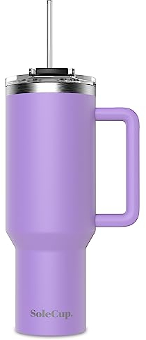 SoleCup. 40oz Travel Mug with Handle, Lid and Two Straws, Drinks Stay Hot for 8 Hours, Cold for 24 Hours, Double Wall Vacuum Insulated Stainless Steel Tumbler… (Violet, 40oz)