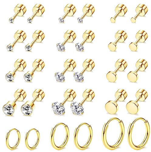 JeweBella 15 Paar Kleine Ohrringe Damen Set Silber/Gold Edelstahl Winzige Ohrstecker Flach Creolen Set für Mehrere Piercings Knorpel Creolen Ohrstecker