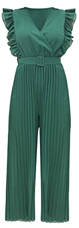 Einteiler & Strampler Frauen Jumpsuit 2023 Neue Frauen Casual Jumpsuit Rüschen V-Ausschnitt Hoher Gürtel Akkordeon Plissee Hosen Ärmelloser Jumpsuit Einfarbig Floral Jacke, grün, L