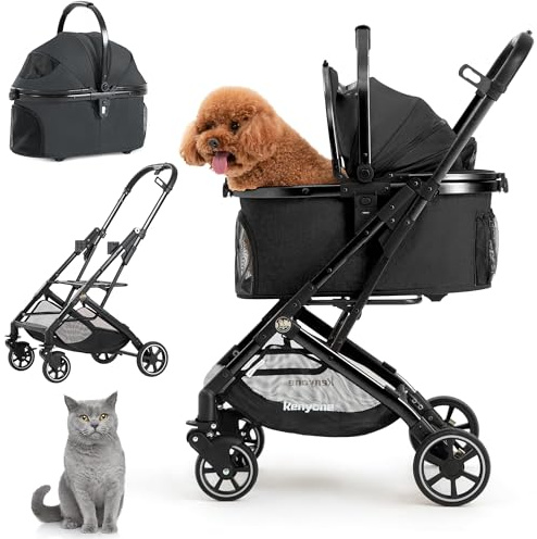 Kenyone 3-in-1-Haustier-Kinderwagen für kleine, mittelgroße Hunde, Welpen, Katzen, Kinderwagen mit abnehmbarer Tragetasche und Polster, leicht, faltbarer Rahmen aus Aluminiumlegierung, doppelter