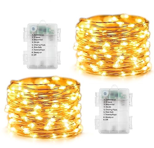 2 Pack Fairy Lights Battery Operated 100 LED 10M Silver Wire Starry String Lights Auto Timer 8 Modes Waterproof Mini String Lights for Outdoor Indoor Garden, Christmas, Wedding Decor(Warm White)