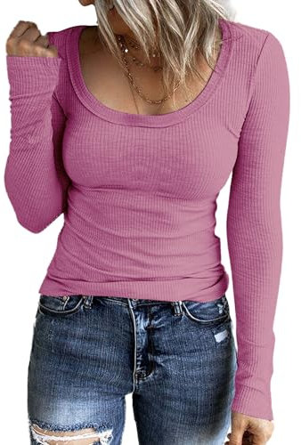 TrendiMax Womens Long Sleeve Knitted Tops Ladies Crew Neck Fitted Tunic T Shirts Rose Red