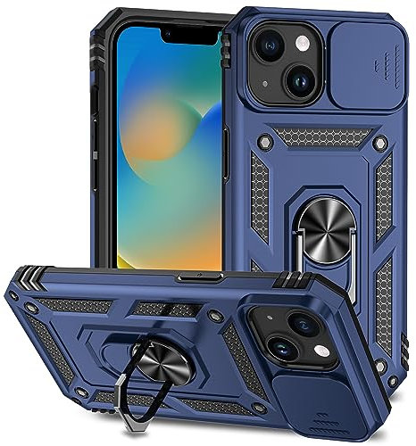 Hitaoyou iPhone 15 Plus Case with Camera Cover & Kickstand, Military Grade Shockproof Heavy Duty Protective Magnetic Car Mount Holder, Blue