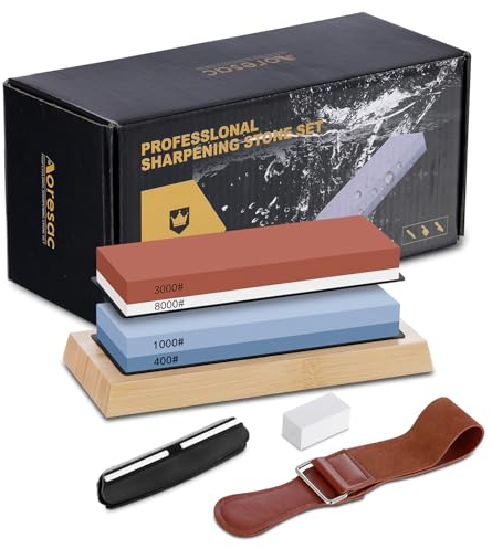 Knife Sharpening Stones Set, Professional 400 1000 3000 8000 Grit Whetstone for Sharpening Knives with Non-Slip Base, Flattening Stone, Angle Guide, Honing Guide