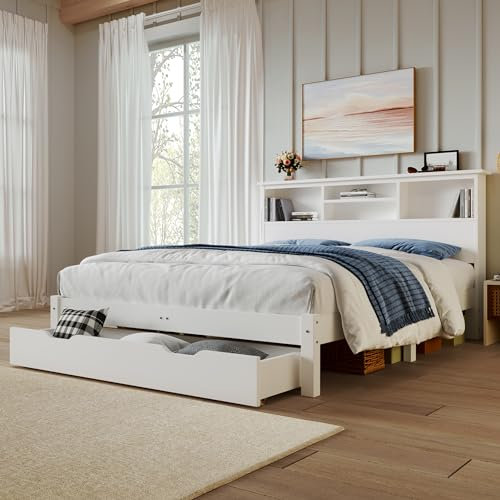 I0I&I0I White Wooden Storage Bed Frame | Underbed Drawer, Shelves |4FT6 Double - Quality Pinewood & MDF (135 x 190 cm)