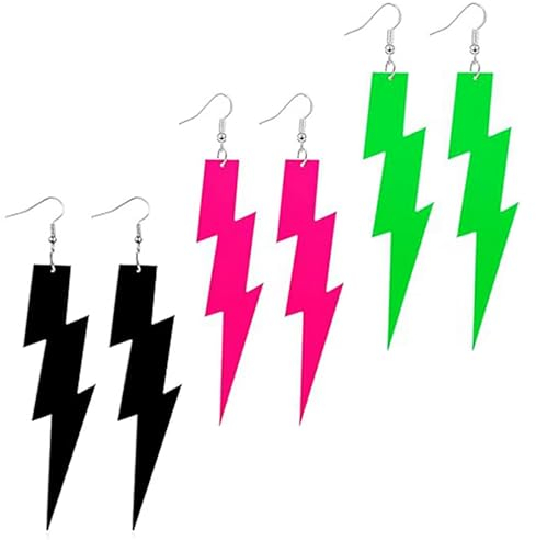 EKKONG Ohrringe 80er Jahre Damen, 3 Paare Blitzform Neon Ohrringe Karneval Ohrringe Accessoires für Damen Retro-Neon-Party Ankleiden (B)