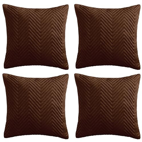 Hafaa Cushions with Covers Included 45 x 45 Cm Set of 8 (4 Coffee Cushion Covers, 4 Cushion Inserts) - Ultrasonic Velvet Square Throw Pillow Case Decorative Sofa Cushion with Invisible Zipper