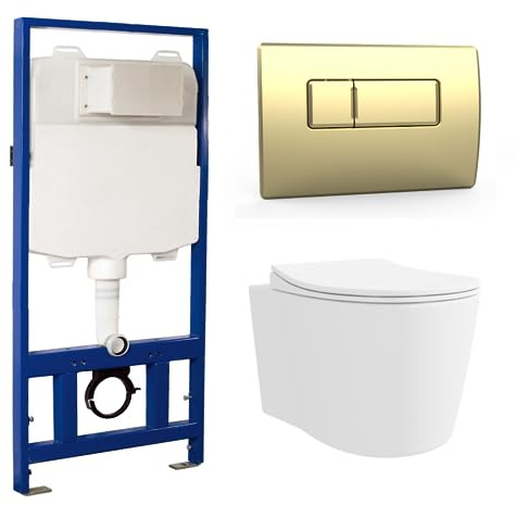 Alcor Wall Hung Toilet with Soft Close Seat Brushed Brass Pneumatic Flush Plate 1170mm Frame & Cistern