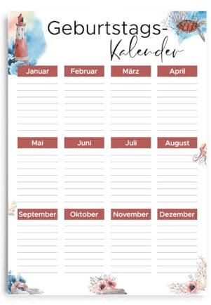 Geburtstagskalender DIN A4 - Hochformat immerwährend Jahresunabhängig (Ozean -Design 1-)