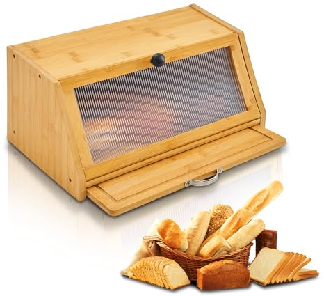 YOUDENOVA Brotkasten mit Schneidebrett, Bambus Aufbewahrungsbox, Holz Brotkorb Boxen Aufbewahrung Brotbox für Brot, Salz und Pfeffermühle, 39x25x20 (LxBxH) cm, Natur