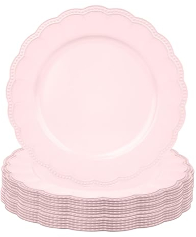Koyal Wholesale 13 Set of 12 Matte Blush Pink Beaded Scallop Charger Plates, Antique Finish, Bulk Acrylic Plastic