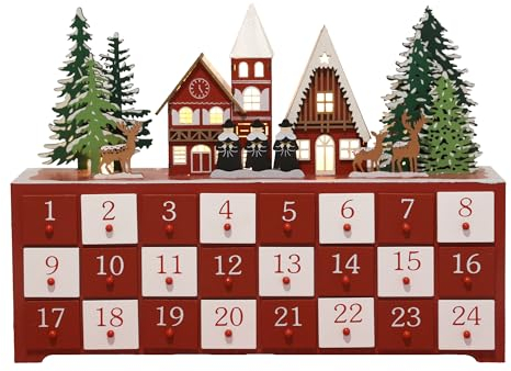 PE Christmas Wooden Advent Calendar with LED Lights, 24 Drawers Countdown to Christmas Festive Church Scene with Reindeer and Trees, Perfect for Holiday Home Decor 14.8x 10.7x 3.1